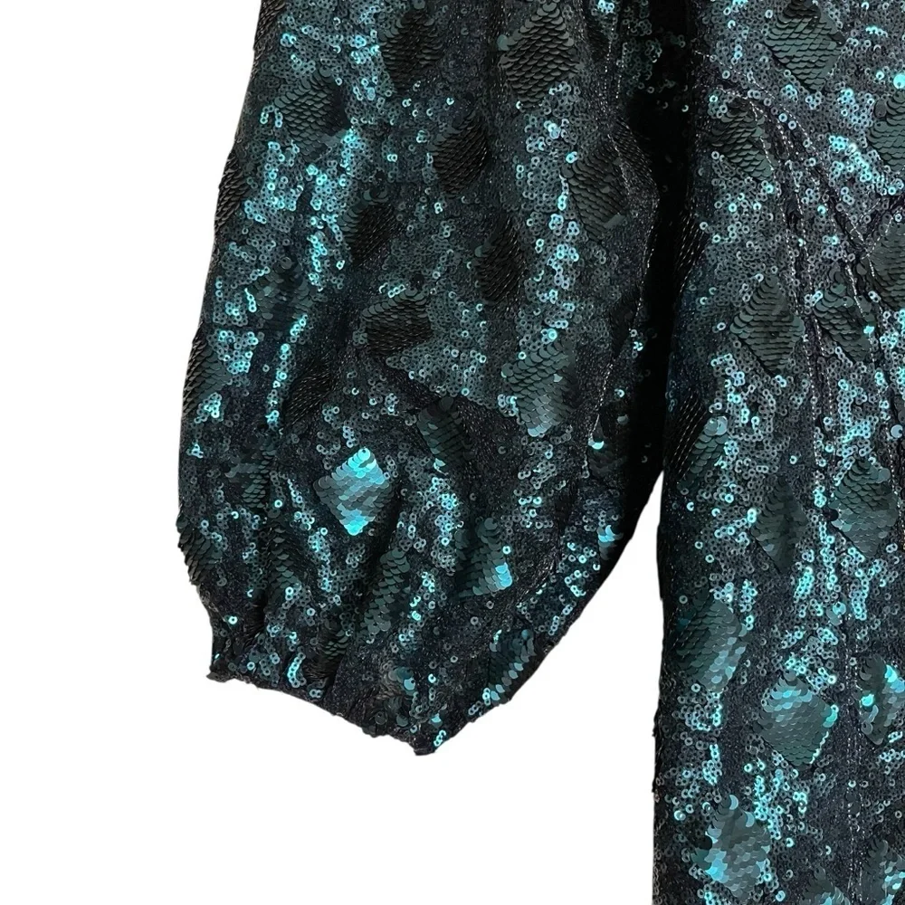 Free People Teal Sequined Chantes Holiday Backless Blouson Sleeves Dress Size 2